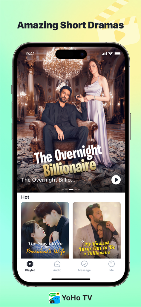 YoHo TV -- Drama & Chat - Interface de l'application YoHo TV présentant des dramas romantiques courts tendance comme The Overnight Billionaire.