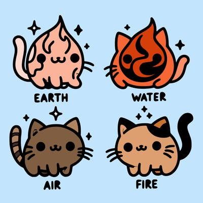 4 cats that represent the different elements, earth, water, air, and fire
