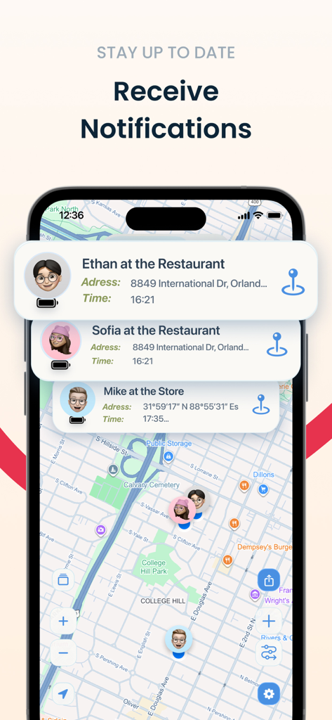 Find my Family Phone: Senti. - Notificações de localização em tempo real para membros da família na interface do mapa do aplicativo Senti