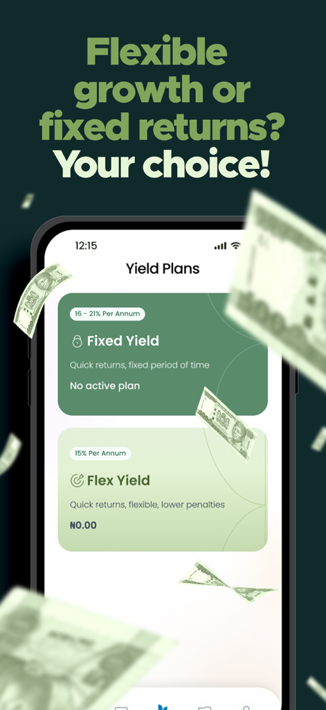 Credit Direct Mobile - Yield plans screen on the Credit Direct Mobile app showing fixed and flex investment options with high interest rates for the Nigerian diaspora