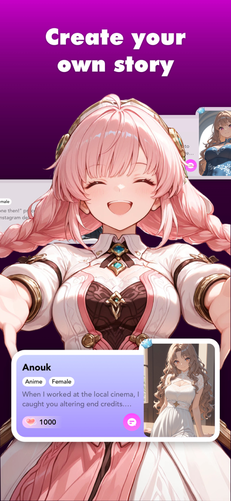 Interface of Hana AI app showing a smiling anime character and the text Create your own story