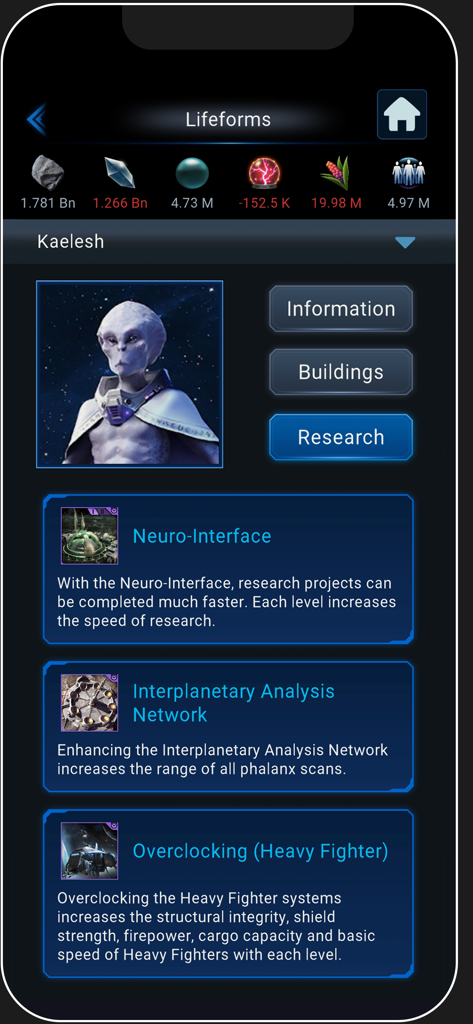 OGame - Menu di ricerca per la forma di vita Kaelesh nell'interfaccia dell'app mobile OGame
