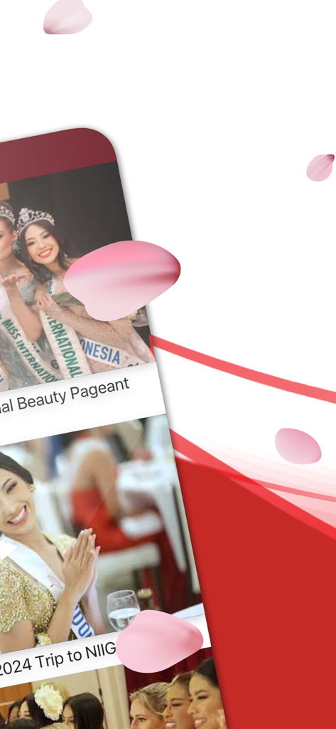 Interface do aplicativo móvel Miss International com fotos de candidatas do concurso e pétalas decorativas