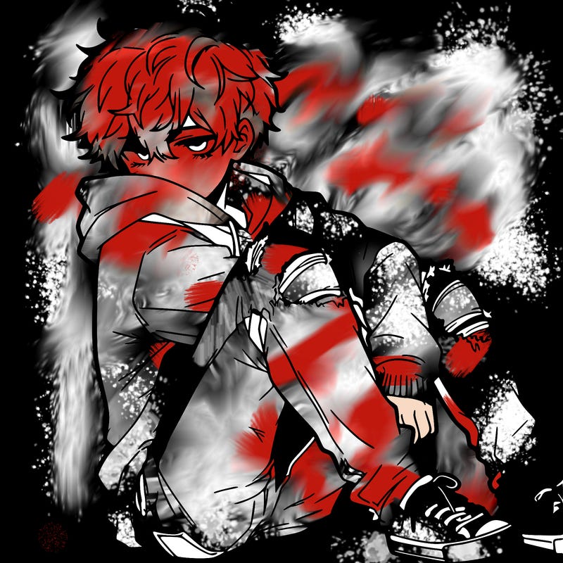 a male hoddie ripped jeans messy hair anime