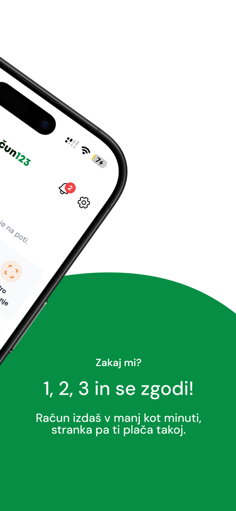 Račun123 - Pantalla de teléfono móvil mostrando la app Račun123 con texto sobre facturación rápida y pagos instantáneos.