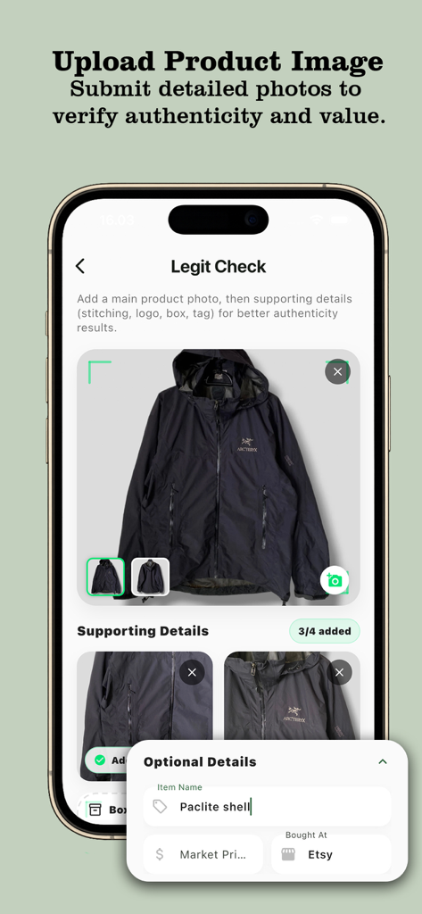 Legit Check AI - Oberfläche der Legit Check AI App, die einen Benutzer zeigt, der Fotos einer Jacke zur Echtheitsprüfung hochlädt