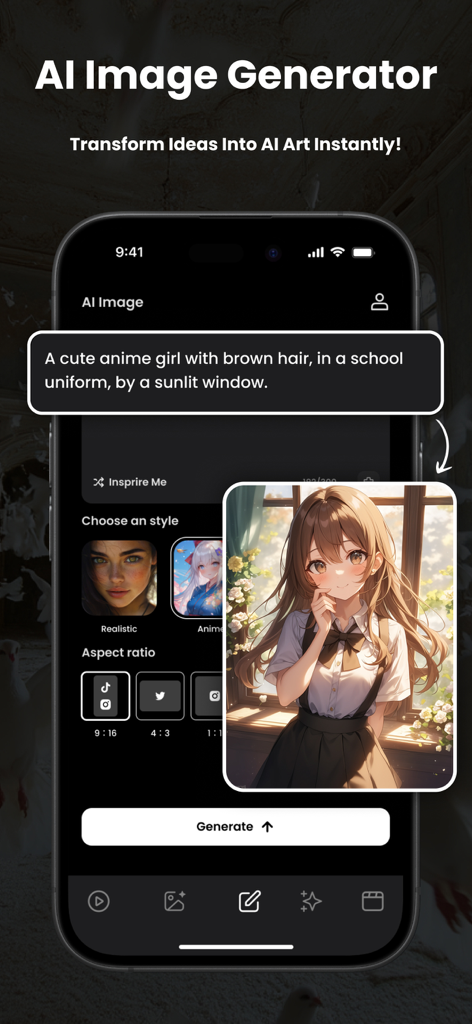 AI image generator interface showing a text prompt for an anime girl and the generated artwork