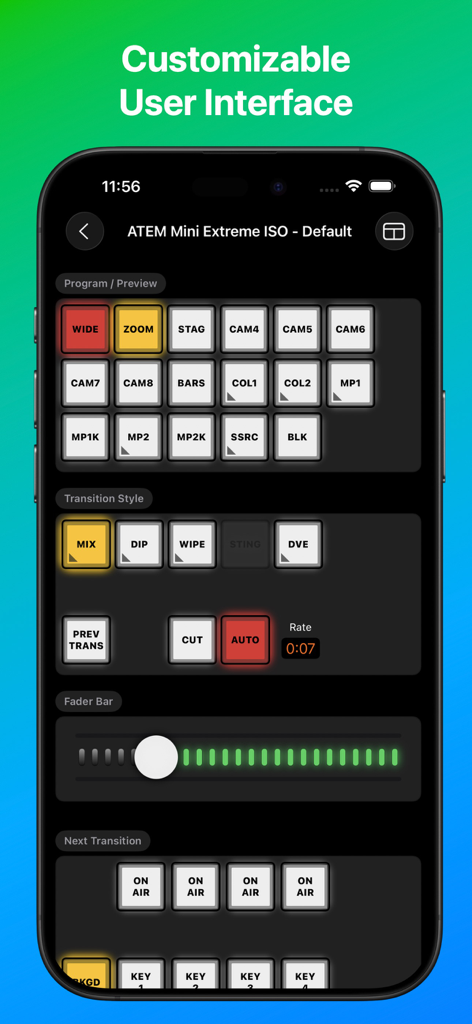 MixEffect Pro app interface for ATEM Mini Extreme ISO switcher control
