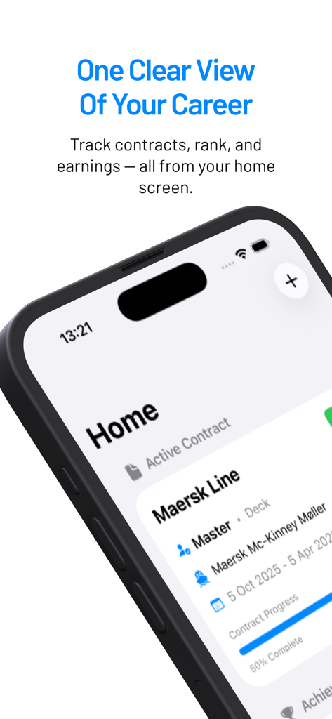 Sea Service - Career Manager - Sea Service app home screen showing an active contract with Maersk Line as a Master