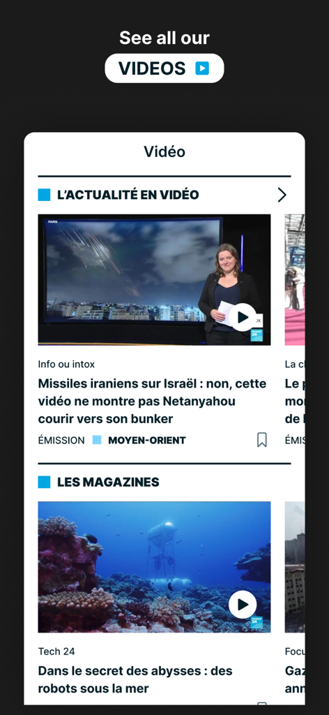France 24 - World News 24/7 - L'application mobile France 24 propose un flux de vidéos d'actualités et de reportages en français.