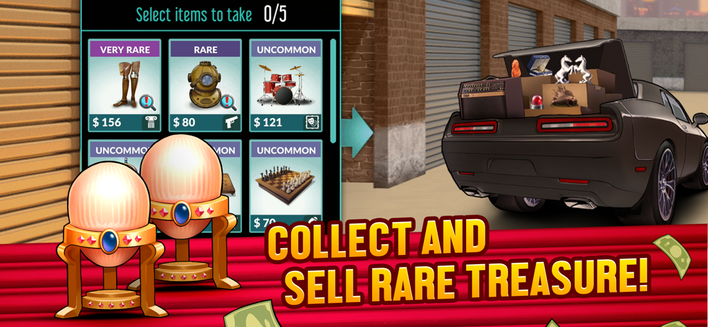 Bid Wars 2 game screen showing rare items like Faberge eggs and a diving helmet with a car trunk full of treasures