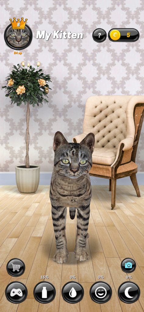 My Kitten (Cat Simulator) - Realistic tabby kitten in a living room with virtual pet care interface buttons
