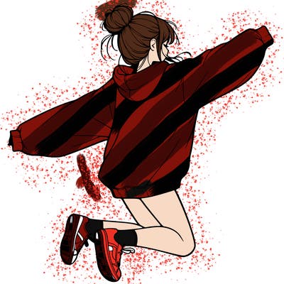 realistic girl jumping with a bun and oversized sweatshirt
