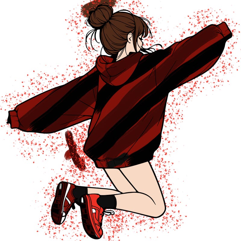 realistic girl jumping with a bun and oversized sweatshirt