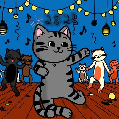 cat dancing in a party with other cats dancing in the background