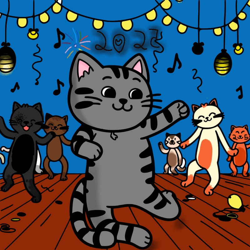 cat dancing in a party with other cats dancing in the background