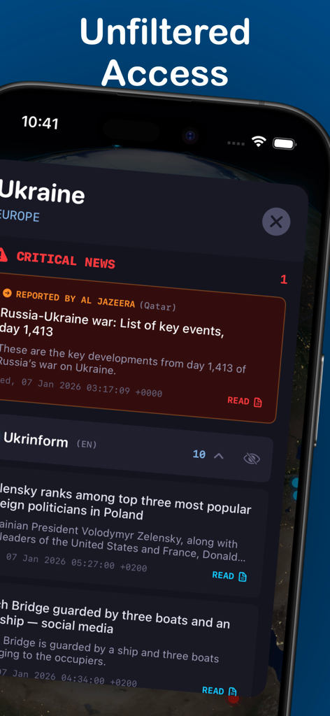 Globanix - Globanix app screen showing unfiltered global news coverage for Ukraine from diverse international sources
