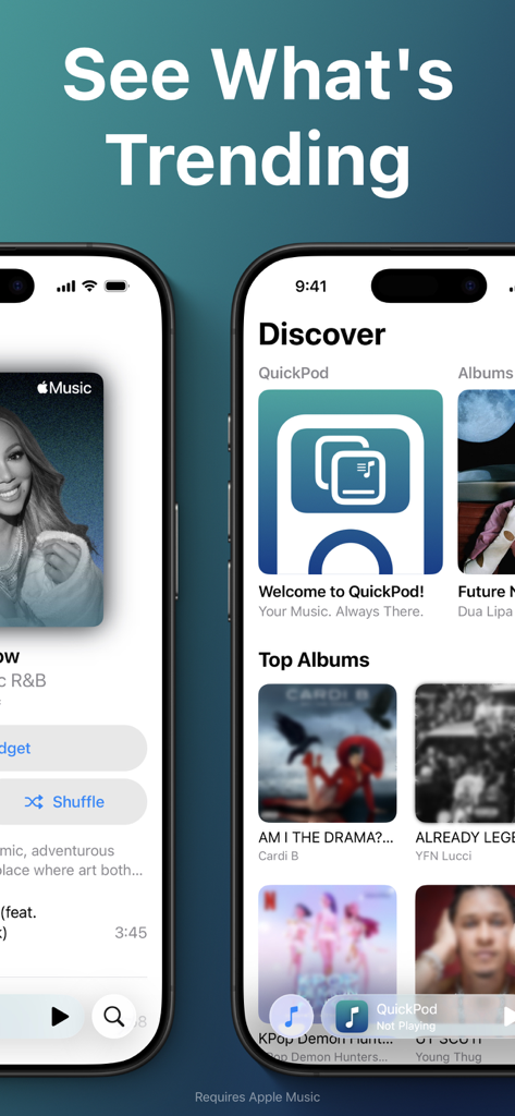 QuickPod - Music Widgets - QuickPod app interface showing trending music and top albums discovery