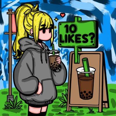 girl with oversized hoodie drinking boba and she has a high ponytail with a sign that says 10likes?