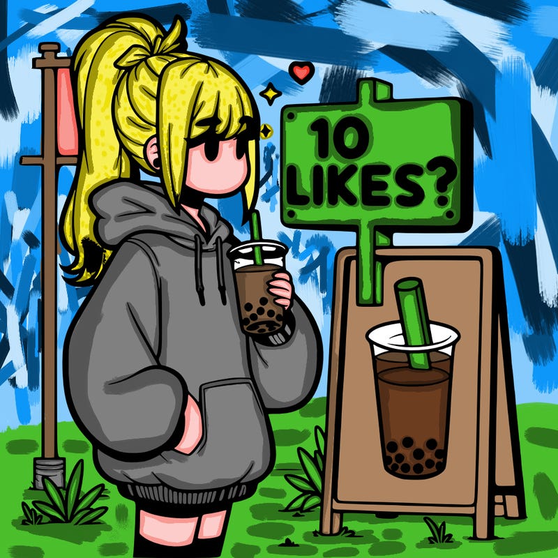 girl with oversized hoodie drinking boba and she has a high ponytail with a sign that says 10likes?