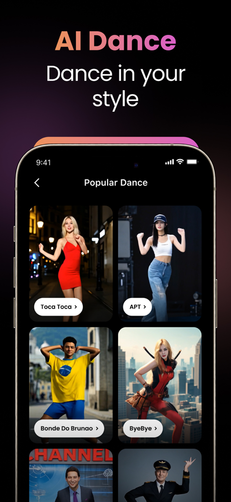 AI Video Generator-VideoMax - Interface of an AI video generator app showing popular dance templates for social media trends