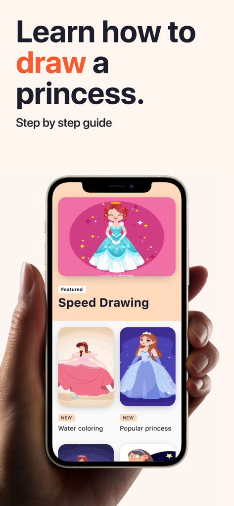 Learn to Draw Princesses - Learn how to draw a princess step by step guide on a mobile app interface