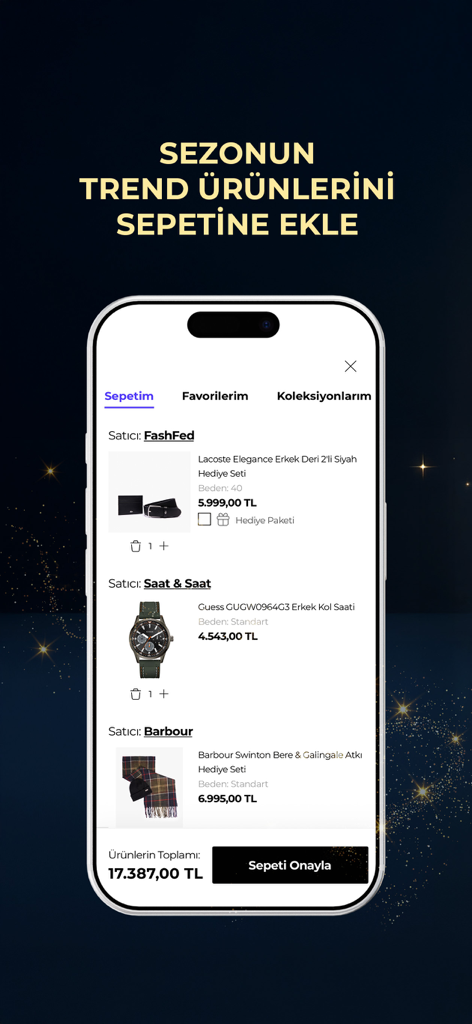 FashFed – Online Alışveriş - Ein Smartphone zeigt den Warenkorb-Bildschirm der FashFed App mit Artikeln der Marken Lacoste und Guess