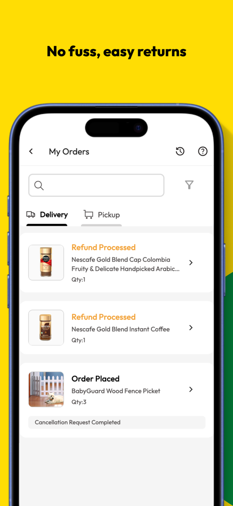 Makro Online Shopping - Makro app My Orders screen showing processed refunds and order status