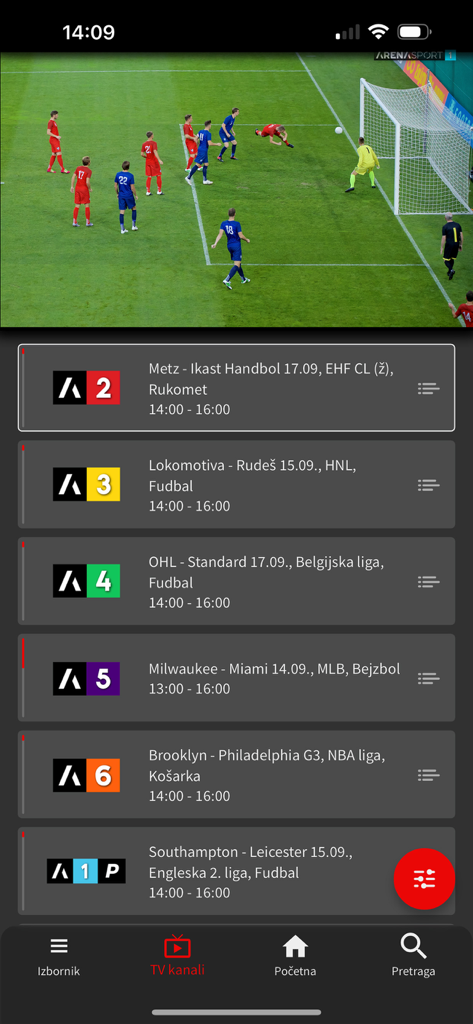 Transmisión de deportes en vivo en la interfaz de la aplicación móvil HOME.TV TO GO mostrando varios canales de TV