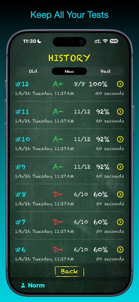 TimesX Times Tables Tester - Multiplication test history screen in TimesX showing grades and scores