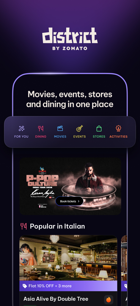 District: Movies Events Dining - Mobile app interface for District by Zomato showing curated events and dining rewards