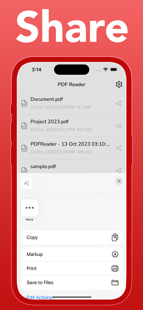 PDF Reader PDF Viewer - PDFリーダーアプリのスクリーンショット。PDFファイルのリストと、コピー、マークアップ、印刷、ファイルへの保存オプションを含むiOS共有メニューが表示されています。
