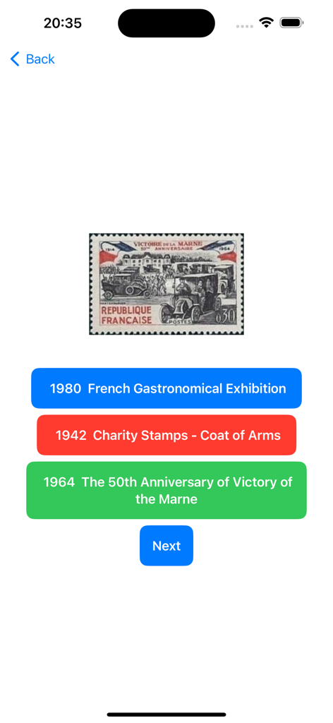 Stamp Collector: World Catalog - Quiz screen from the Stamp Collector app showing a historical French stamp identification question