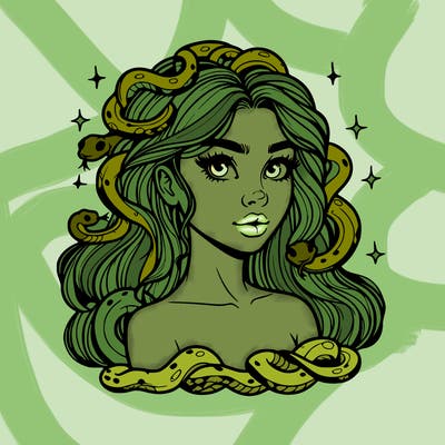 realistic girl with snakes as hair