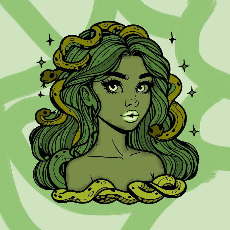 realistic girl with snakes as hair