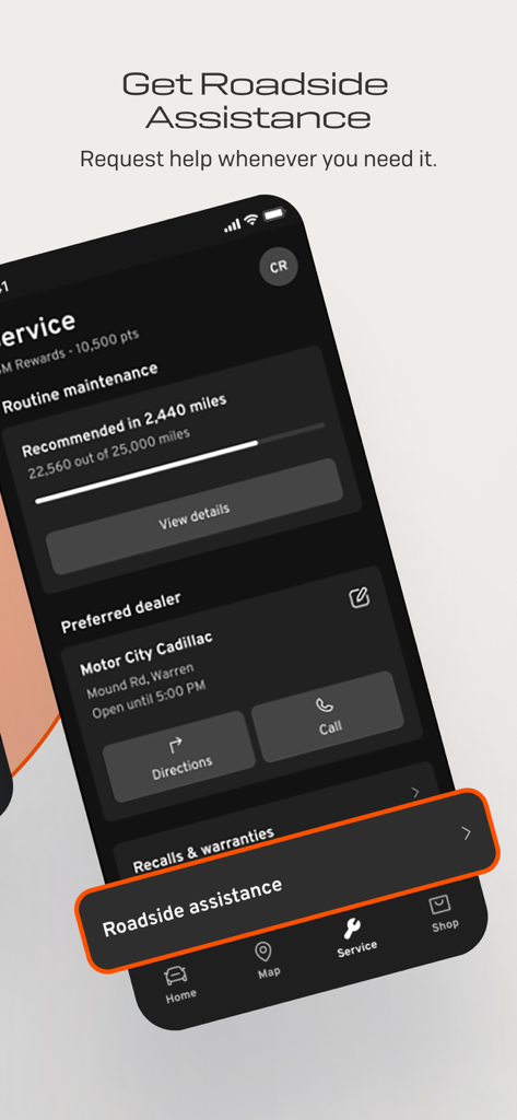 Smartphone screen showing the myBuick app roadside assistance and vehicle maintenance tracker