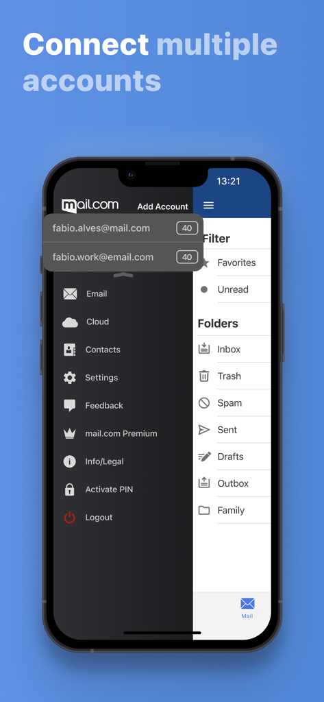 Interface do aplicativo mail.com mostrando várias contas de e-mail e pastas conectadas.