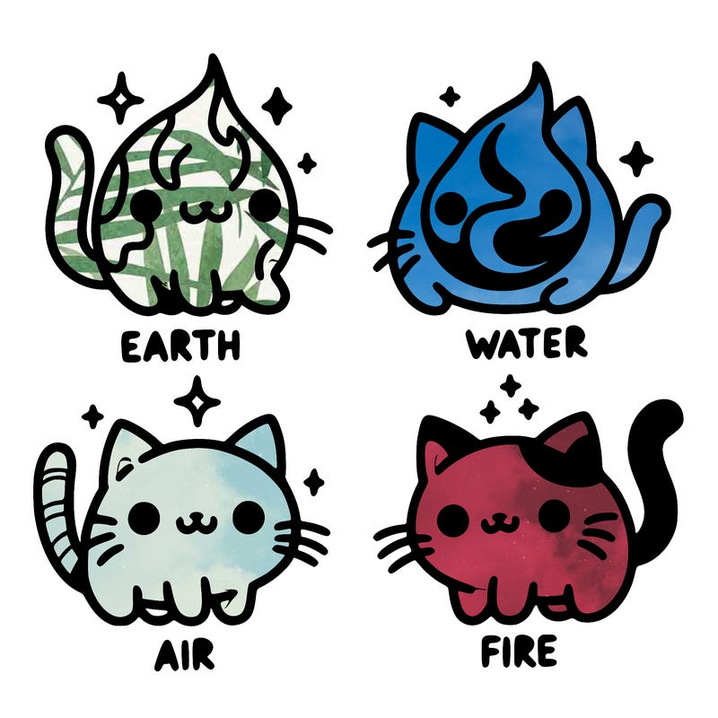 4 cats that represent the different elements, earth, water, air, and fire