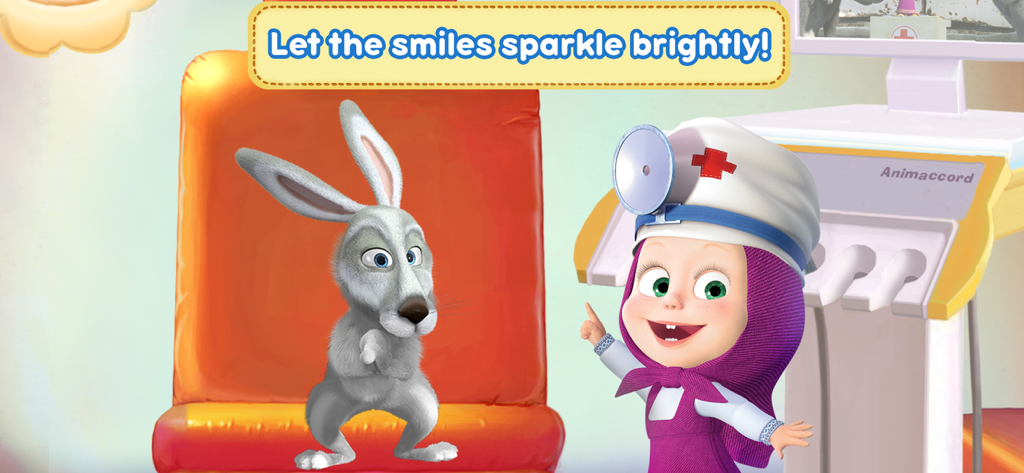 Masha and the Bear Dentist - Masha dressed as a dentist with a rabbit patient in a dental chair