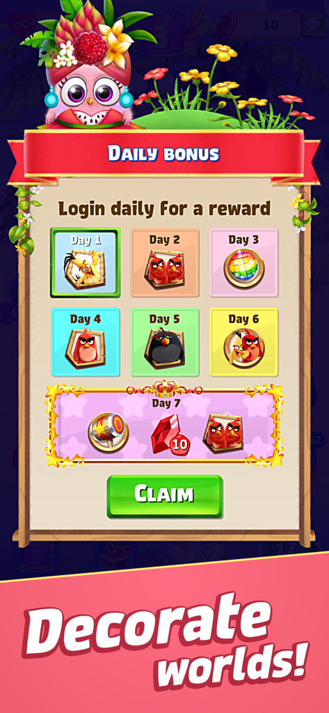 Daily bonus screen in Angry Birds Match 3 showing a seven-day reward calendar with character icons and gems.
