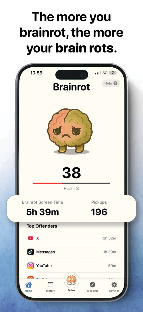 Brainrot app interface showing a sad decaying brain avatar with screen time statistics and top used apps
