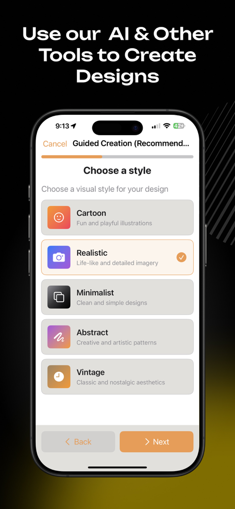 SubPrinta - Sublimation Design - Interfaz de la aplicación SubPrinta mostrando la herramienta de creación guiada por IA con opciones para elegir estilos de diseño como Dibujos animados, Realista y Minimalista.