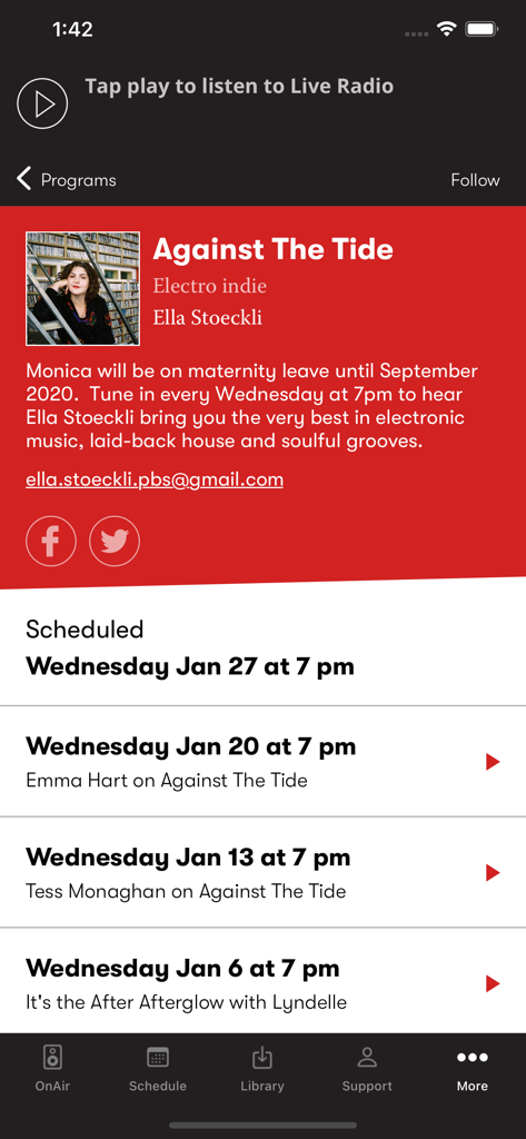 PBS FM - PBS FM mobile app program page for Against The Tide showing host Ella Stoeckli and a schedule of recorded episodes.