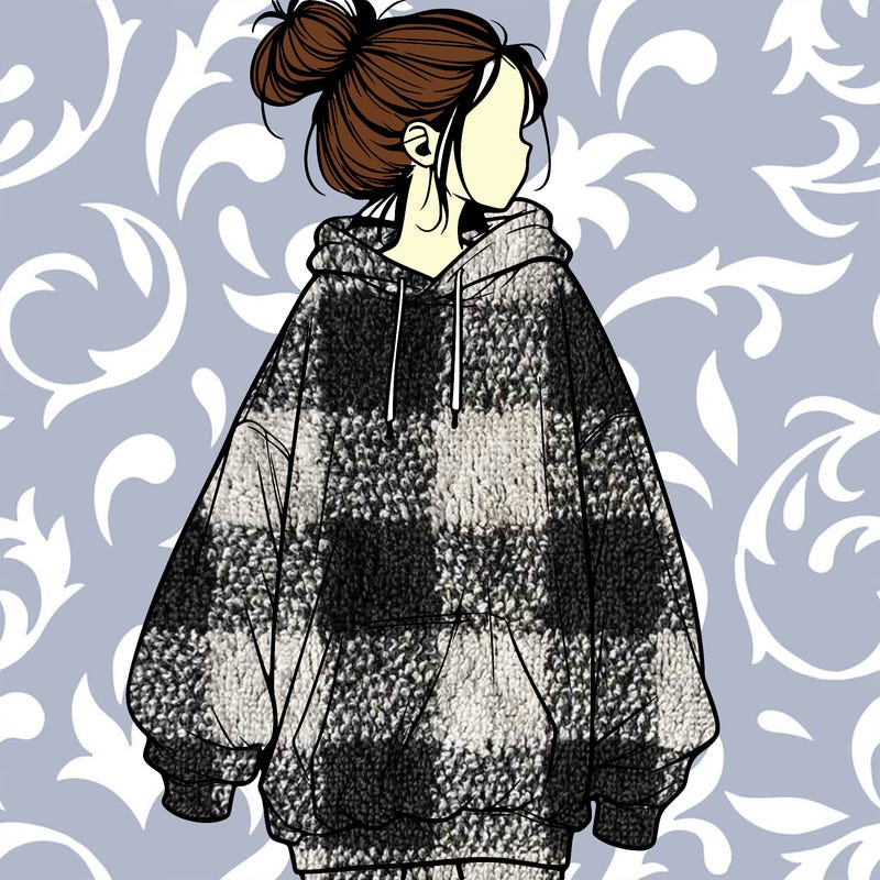 realistic girl with a oversized sweatshirt on and a bun