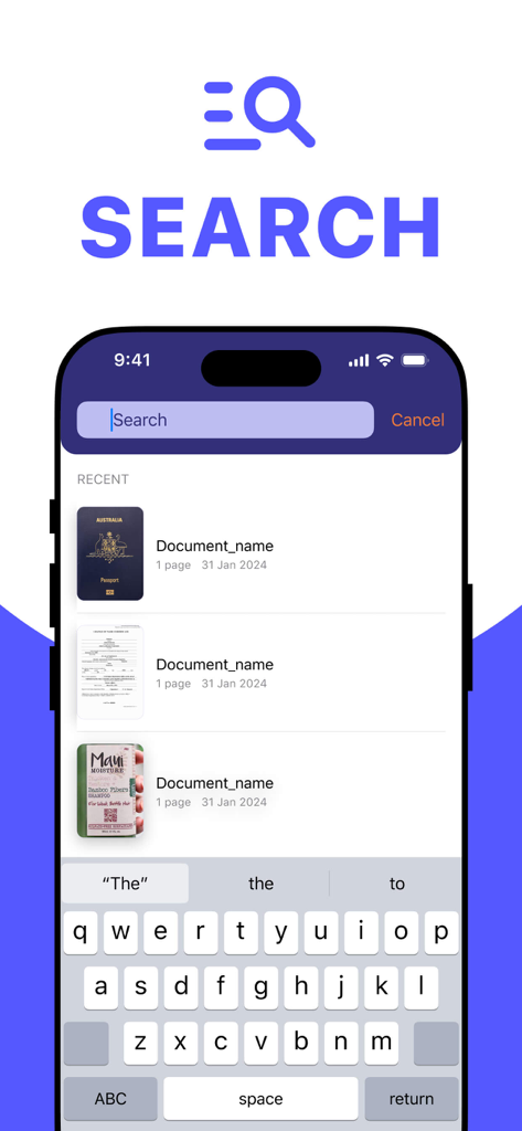 Document Scanner to PDFアプリの検索画面に、最近のドキュメントと検索バーが表示されています