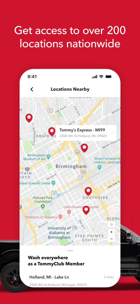 전국 세차장 위치를 지도에 표시하는 Tommy's Express 모바일 앱 화면