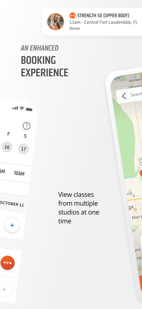 Orangetheory Fitness - Orangetheory Fitnessアプリのインターフェイスで、クラス予約とスケジュール設定機能が表示されています。