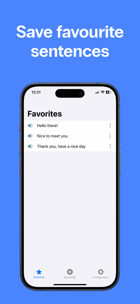 Type & Speak - Text to Speech - Lista de favoritos en la aplicación de texto a voz Type and Speak que muestra frases guardadas.