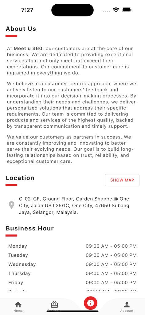 Meet u 360 - Tela Sobre Nós e Localização do aplicativo Meet u 360 mostrando horário de funcionamento e endereço