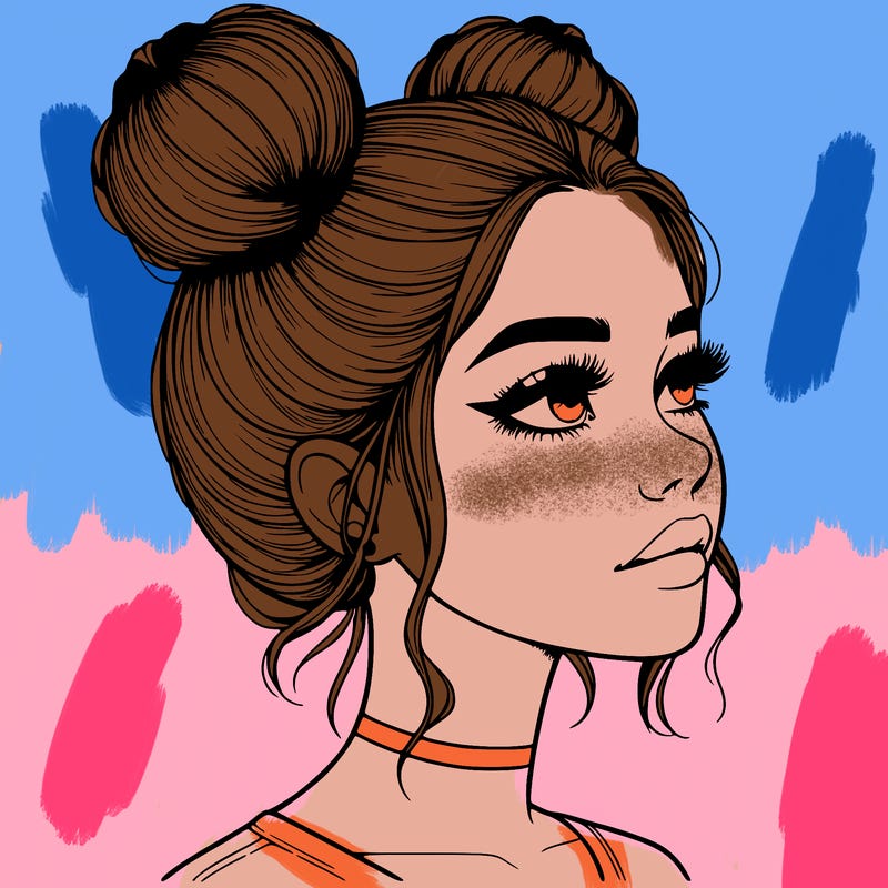 realistic girl with buns on the top of her head